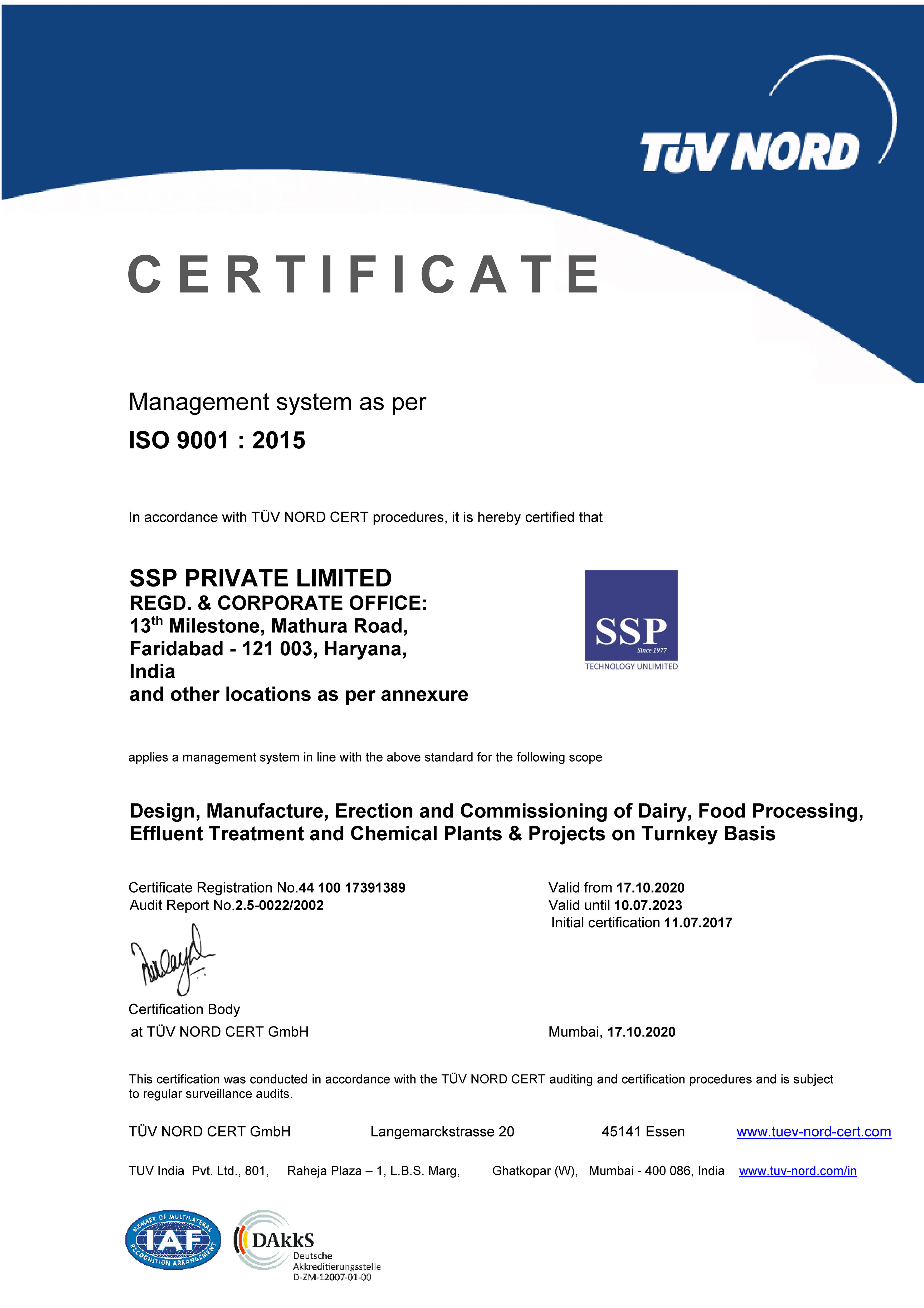 SSP is an ISO 9001:2015 Certified Company